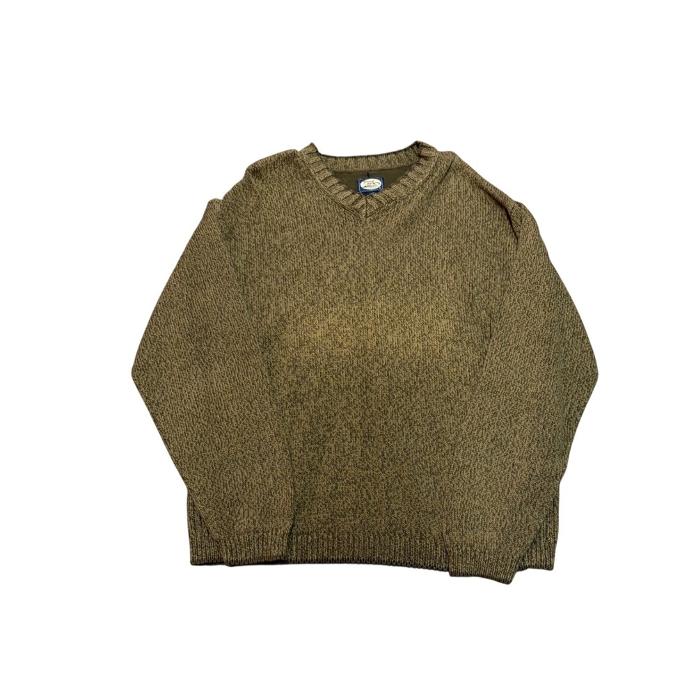 Tommy Bahama Mens Large V-Neck Sweater Cotton Wool Blend Olive Green Marled Knit